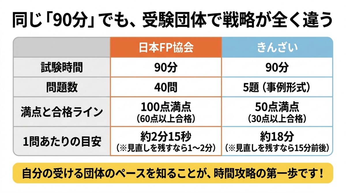 FP2級実技試験の日本FP協会ときんざいの試験時間・問題数・満点・合格ライン・1問あたりの目安を比較した表