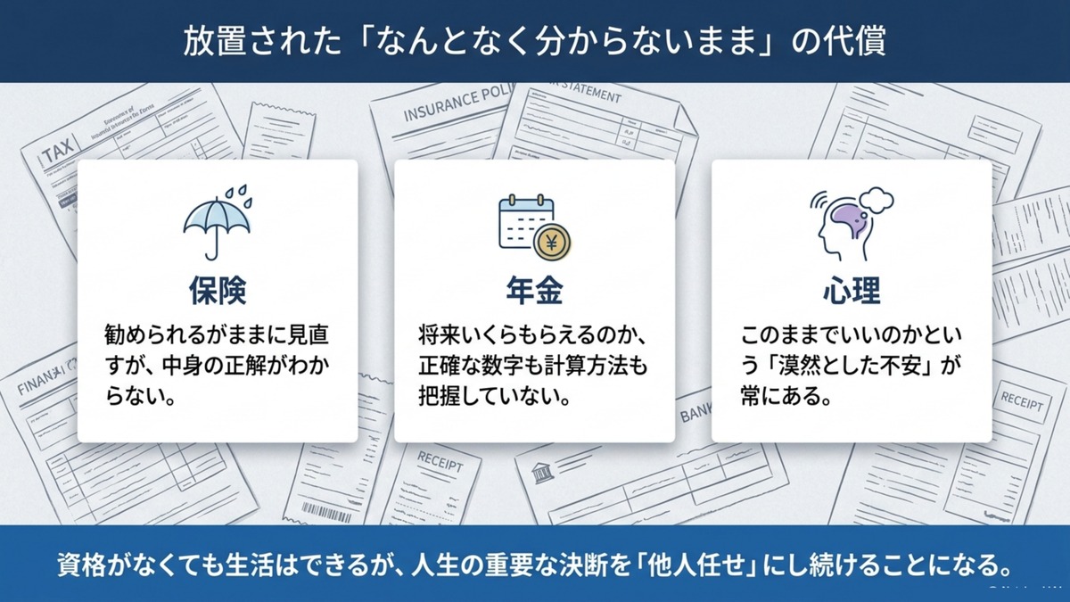 保険の見直し内容が分からない、年金の受給額が把握できていない、将来への漠然とした不安という3つの放置された代償を整理した図