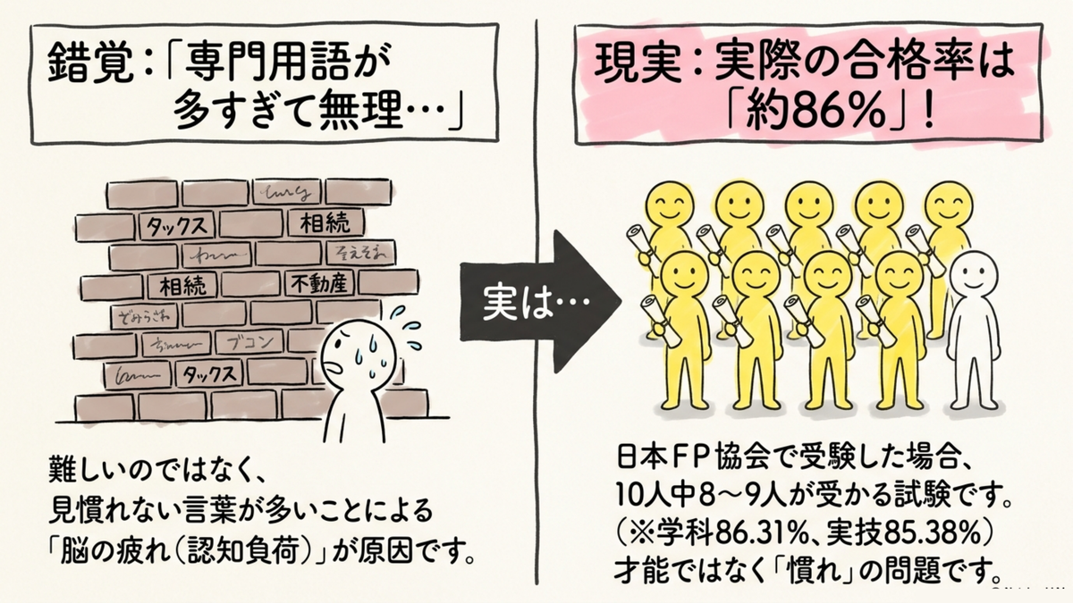 FP3級が難しいという錯覚と実際の合格率86%の現実を比較した図解