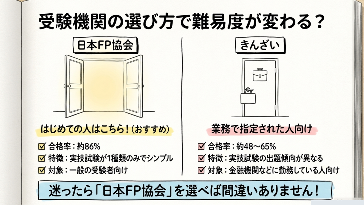 FP3級の受験機関・日本FP協会（合格率約86%）ときんざい（合格率約48〜65%）の比較図解