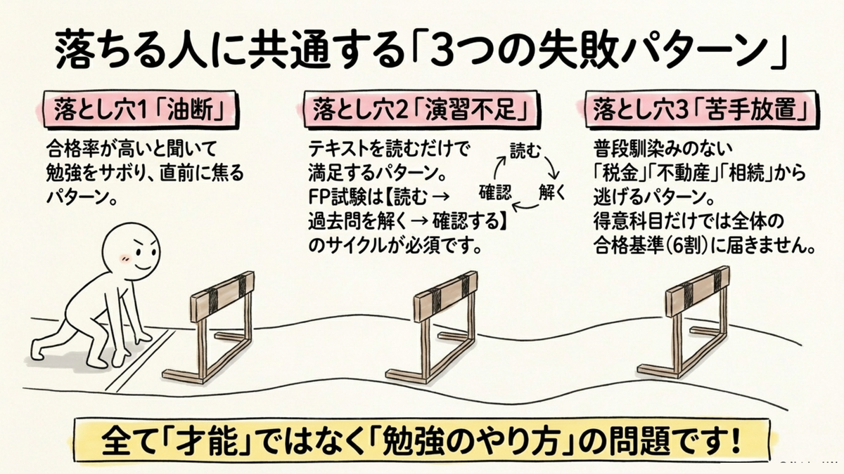 FP3級に落ちる人に共通する3つの失敗パターン（油断・演習不足・苦手放置）の図解