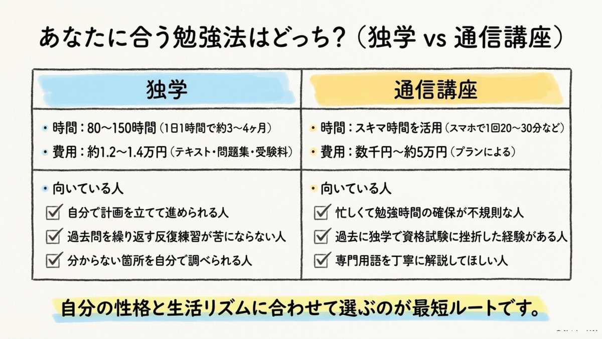 FP3級の独学（80〜150時間・1〜1.4万円）と通信講座（スキマ時間活用・数千〜5万円）の比較表