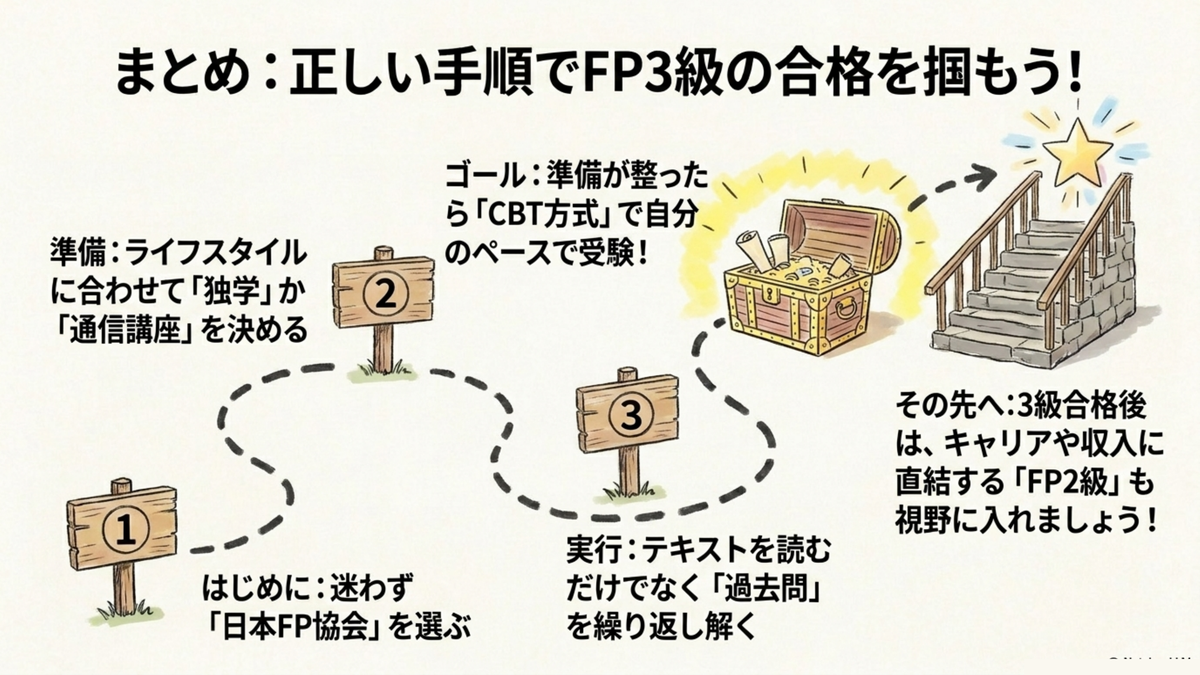 FP3級合格の3ステップ（日本FP協会を選ぶ→過去問を繰り返す→CBT方式で受験）のまとめ図解