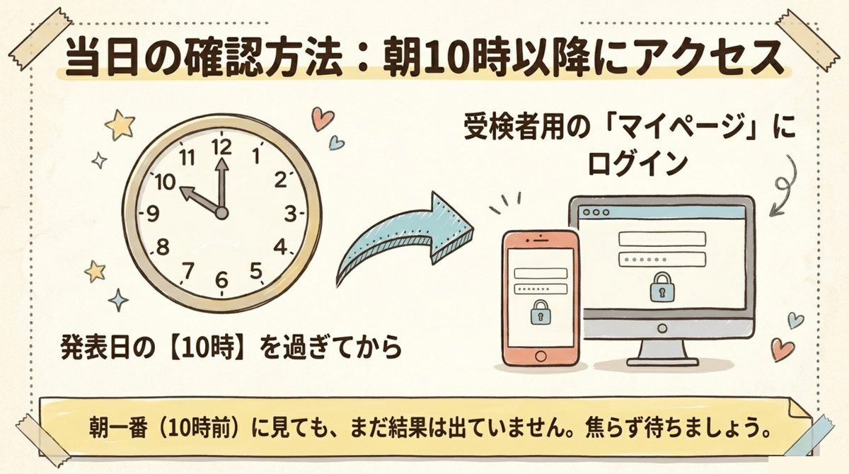 FP3級CBTの合格発表当日は午前10時以降に受検者ページで確認する流れを示す図解