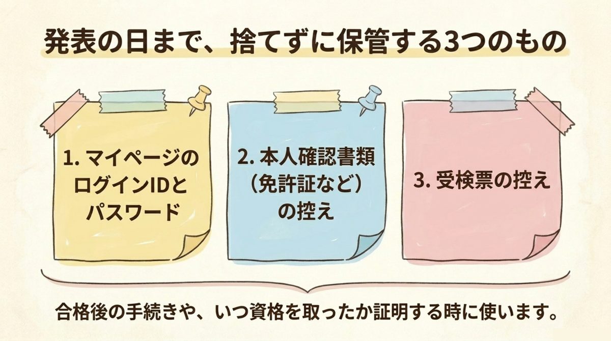 FP3級CBTの合格発表日まで保管しておきたいマイページのログイン情報・本人確認書類・受検票の控えを示す図解