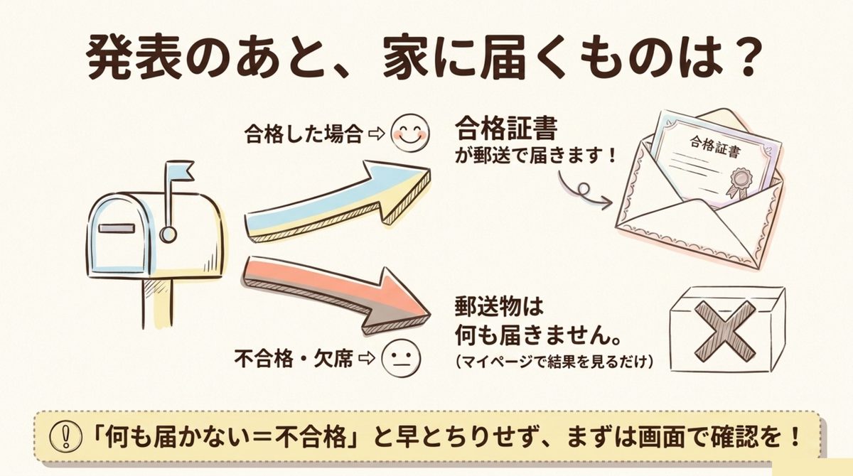 FP3級CBTの合格発表後、合格した場合は合格証書が郵送され不合格・欠席の場合は郵送物がないことを示す図解