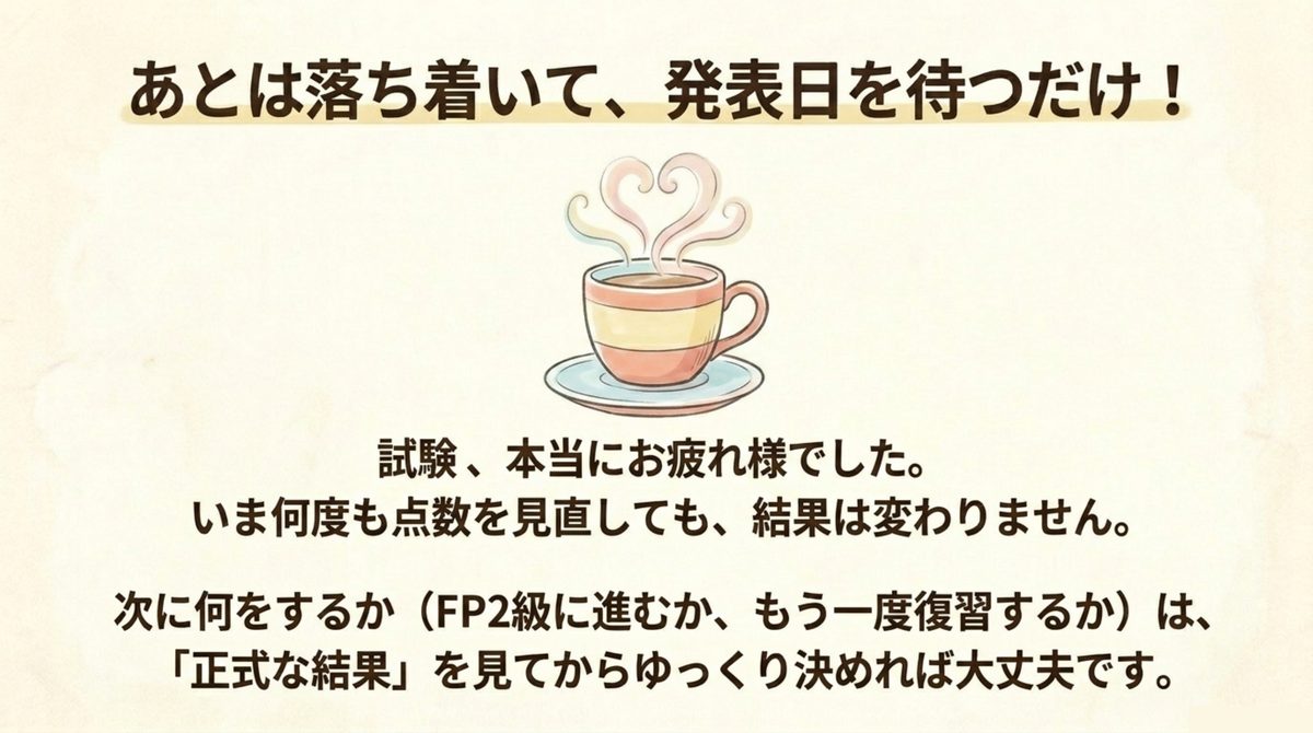 FP3級CBT受検後は焦らず合格発表日を待てばよいことを伝える図解