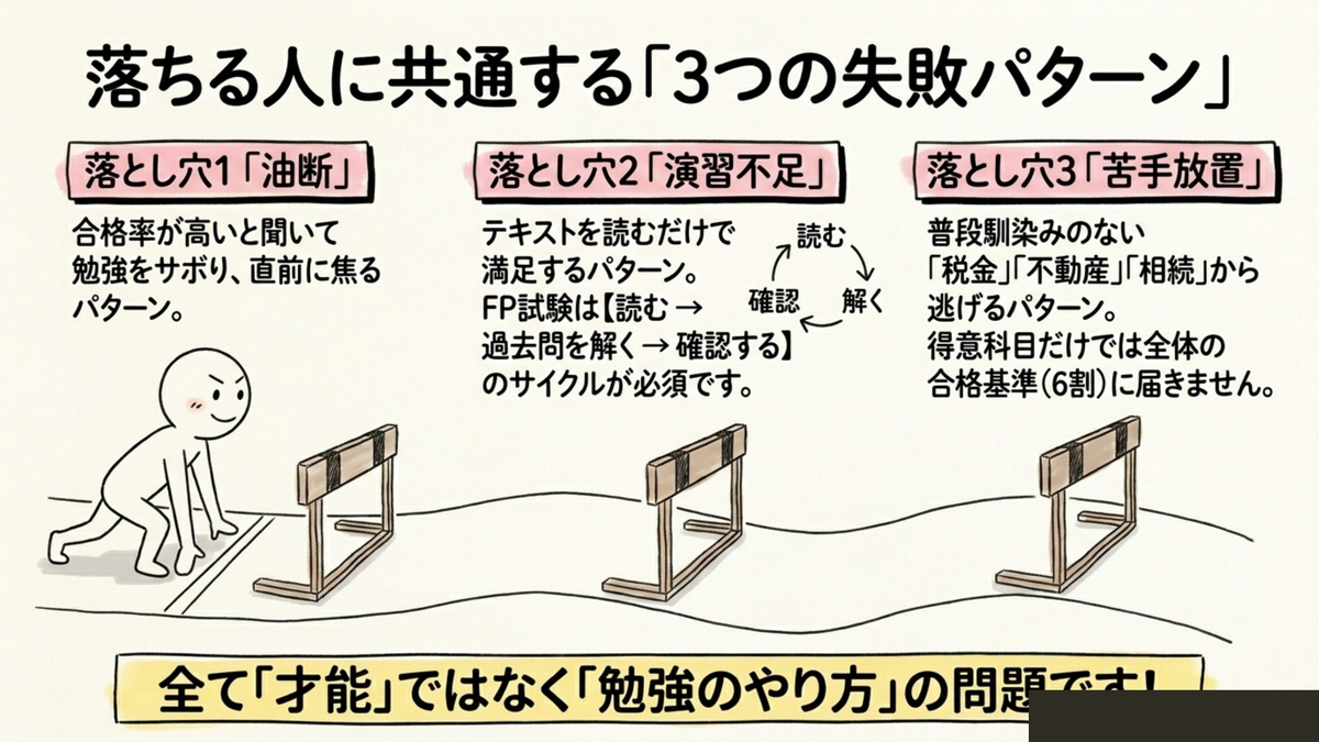 FP3級に落ちる人に共通する3つの失敗パターン(油断・演習不足・苦手放置)の図解