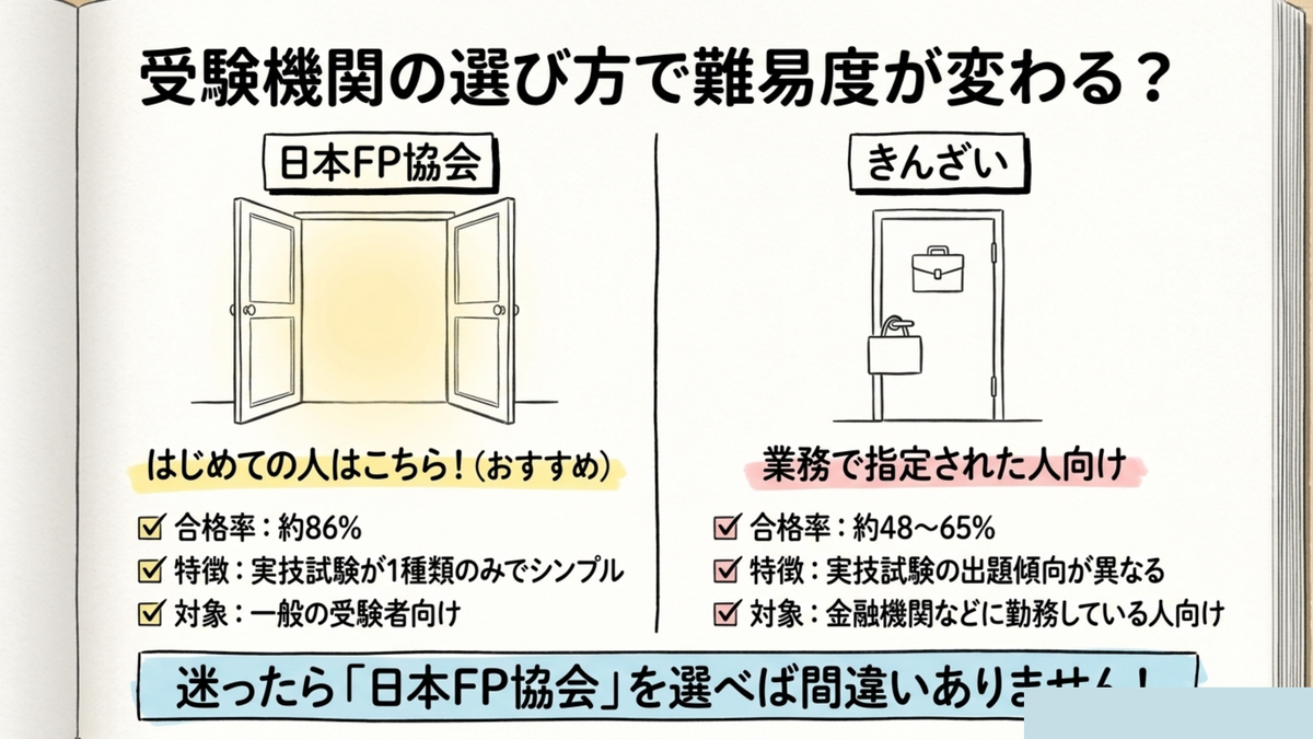 FP3級の受験機関・日本FP協会(合格率約86%)ときんざい(合格率約48〜65%)の比較図解