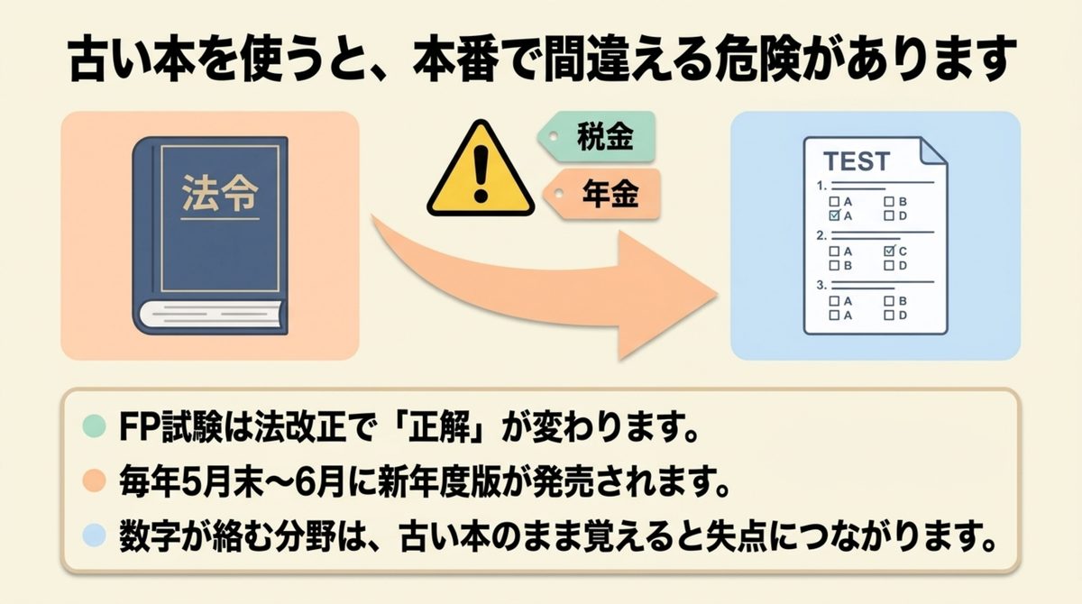古い年度版の問題集は税金・年金など法改正のある分野で失点につながる原因を分解した図