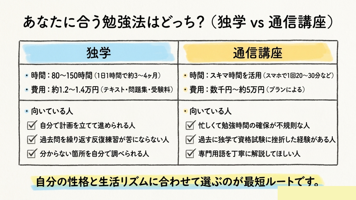 FP3級の独学(80〜150時間・1〜1.4万円)と通信講座(スキマ時間活用・数千〜5万円)の比較表
