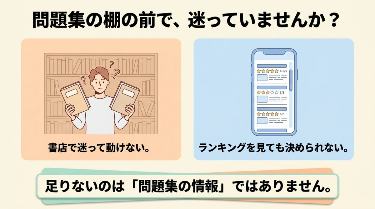 書店で問題集を決められず、ランキングを見ても選べない状態は情報不足ではないことを示す図