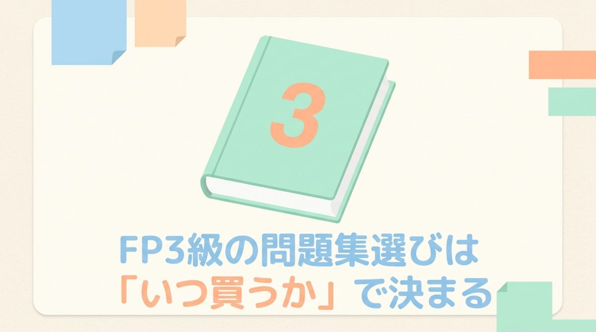 FP3級の問題集選びは「どれを買うか」より「いつ・どの年度版を買うか」で決まることを示すタイトル図