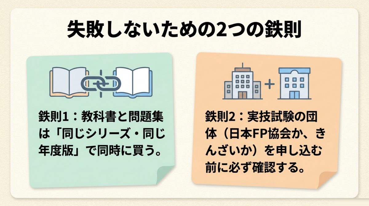 教科書と問題集を同シリーズ・同年度版でそろえること、実技試験の団体を申込前に確認することの2つの鉄則を示す図