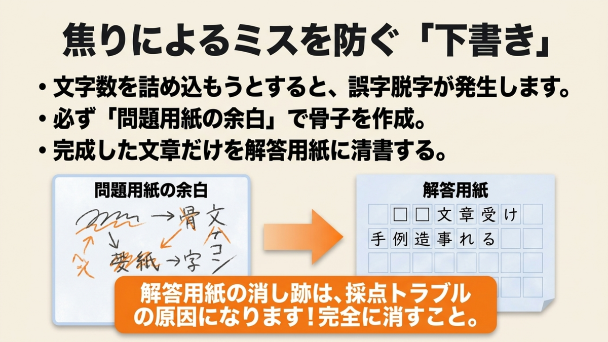 行政書士記述式の下書きは問題用紙の余白で骨子を作成し、解答用紙には完成した文章だけを清書することを示す図解