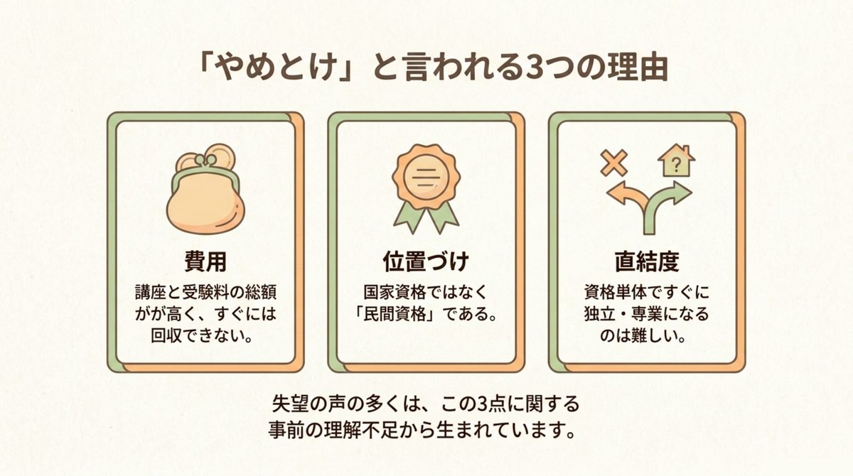 産業カウンセラーがやめとけと言われる費用民間資格仕事への直結度という3つの理由を示す図解