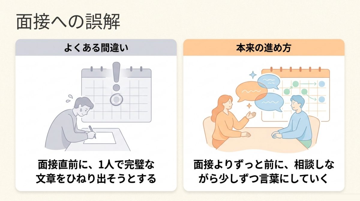 面接直前に1人で完璧な文章をひねり出そうとするよくある間違いと、面接よりずっと前に相談しながら少しずつ言葉にしていく本来の進め方を対比した図
