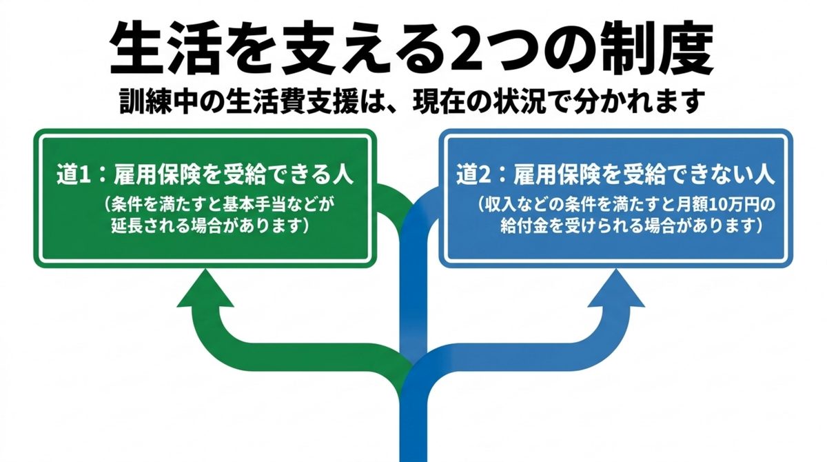 雇用保険を受給できる人とできない人で分かれる、訓練中の生活費を支える2つの制度を示す図解