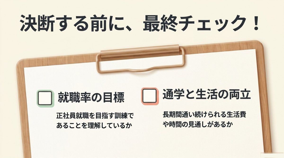 決断する前の最終チェック(就職率の目標を理解しているか・通学と生活の両立の見通しがあるか)を示すチェックリスト