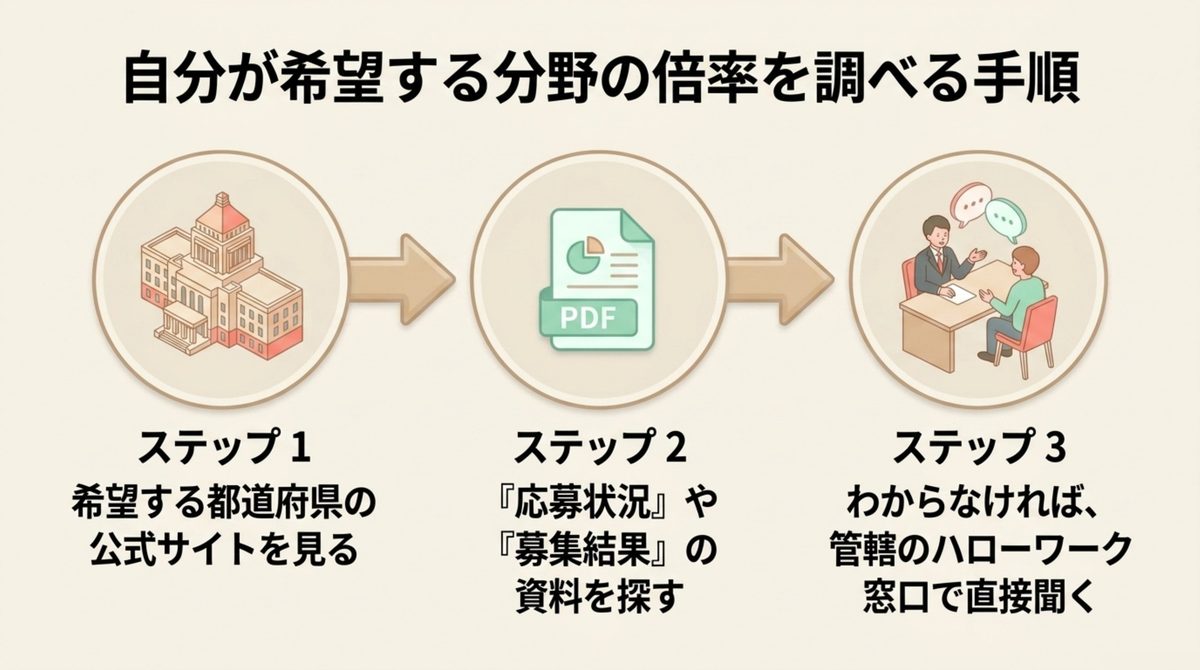 自分が希望する分野の倍率を調べる3つの手順(都道府県公式サイト・応募状況PDF・ハローワーク窓口)を示す図