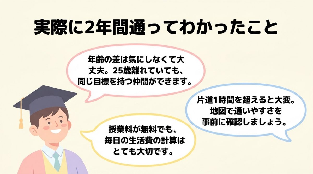 埼玉の長期高度人材育成コースに2年間通って分かったこと（年齢差・通学時間・生活費）を体験からまとめた図