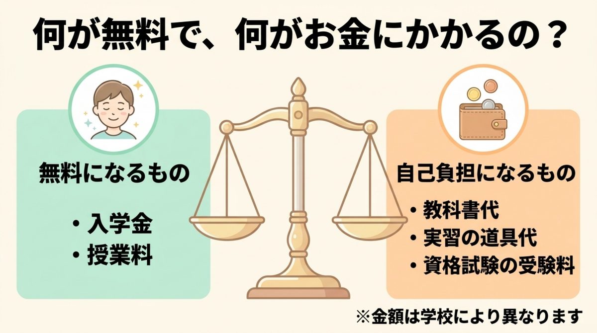 長期高度人材育成コースで無料になるもの（入学金・授業料）と自己負担になるもの（教科書代・実習道具代・受験料）を比較した図