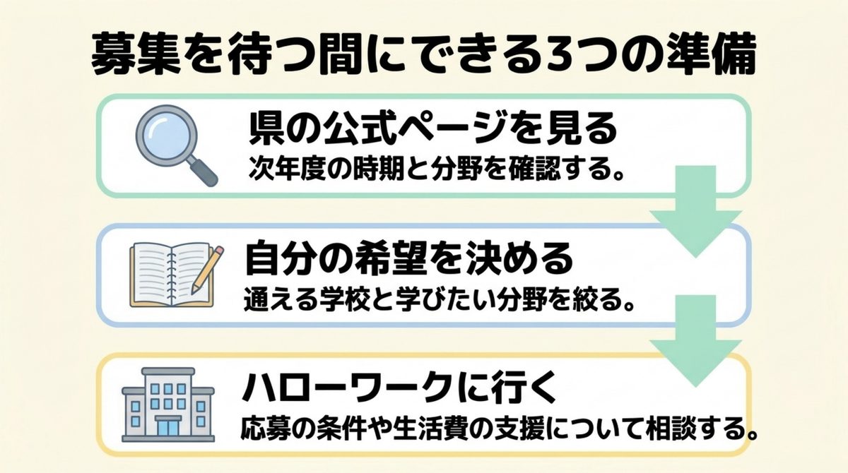 長期高度人材育成コースの募集を待つ間にできる3つの準備（県公式ページ確認・希望を決める・ハローワーク相談）を示した手順図