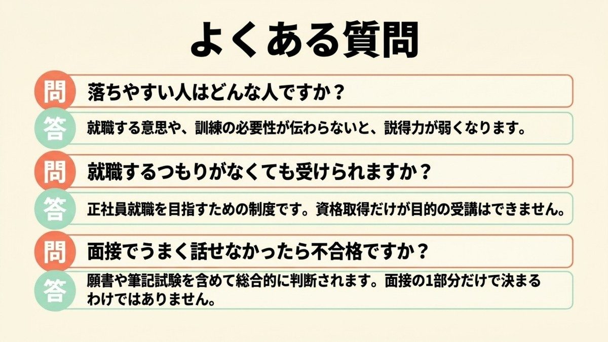 長期高度人材育成コースの面接に関するよくある質問(落ちやすい人・就職意思・不合格の判断)を示す図
