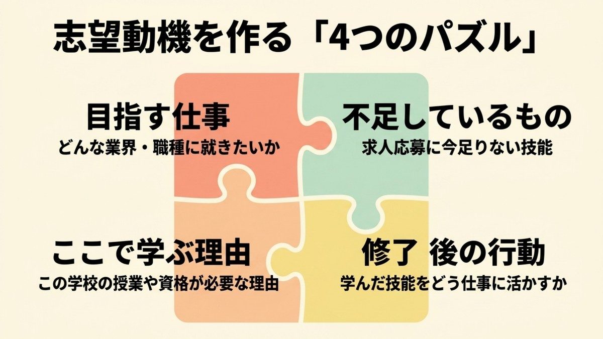 長期高度人材育成コースの志望動機を作る4つの要素(目指す仕事・不足しているもの・ここで学ぶ理由・修了後の行動)を示す図