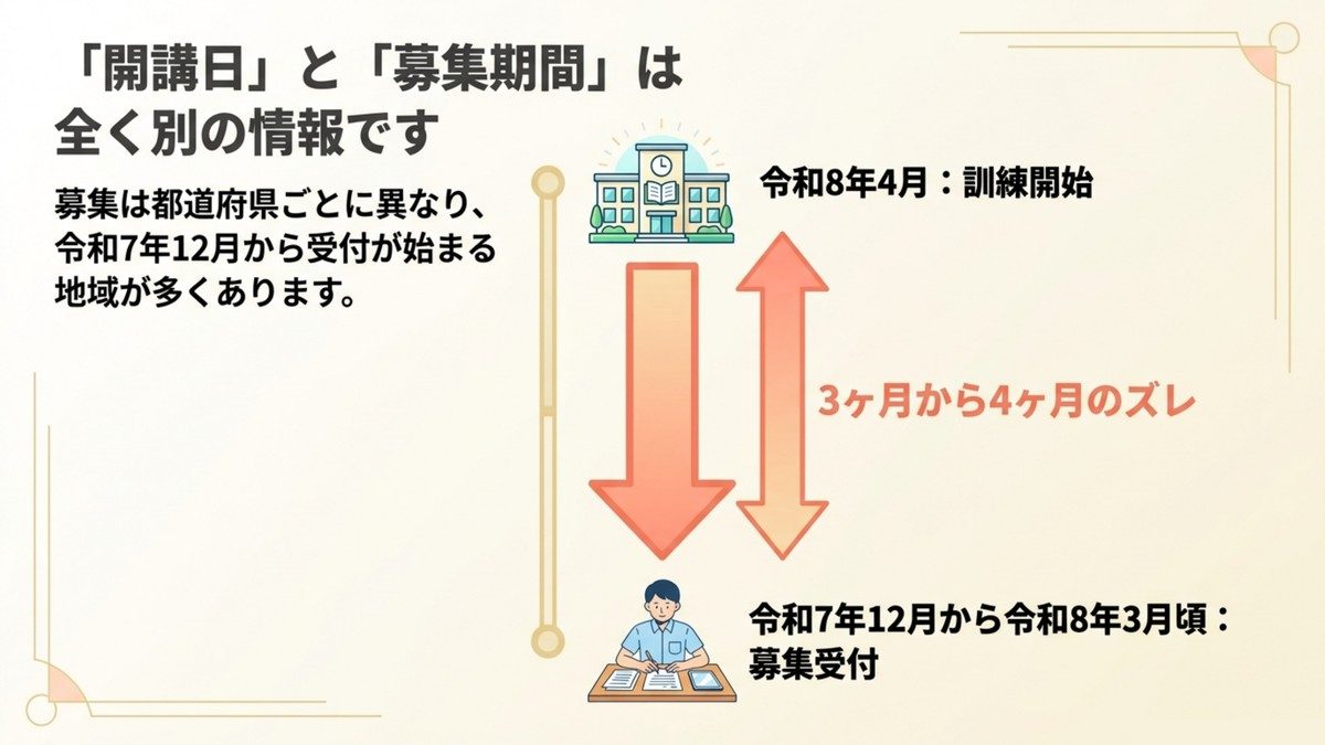 長期高度人材育成コースの開講日と募集期間が3〜4ヶ月ずれていることを示す図