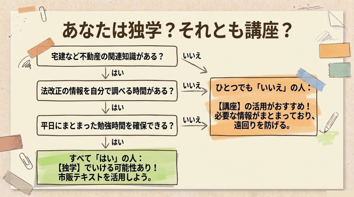 宅建など関連知識の有無、法改正情報を自分で追える時間、平日の学習時間確保の3条件で独学と講座どちらが向くかを判定するフローチャート