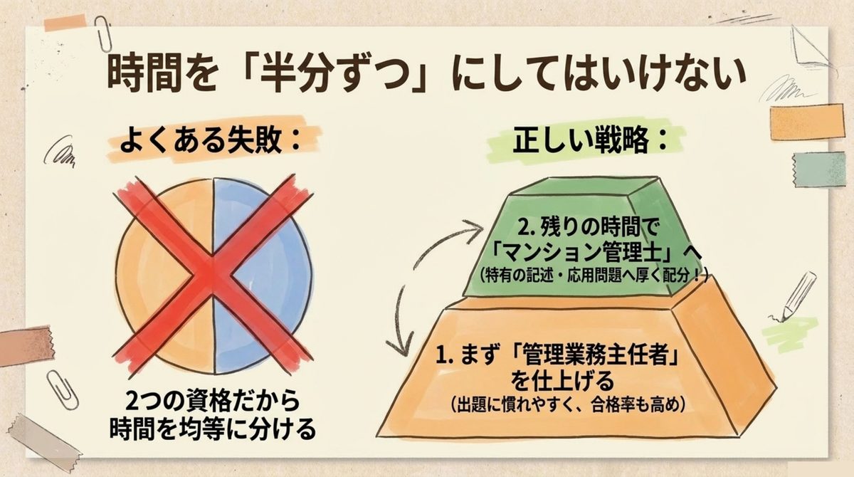 ダブル受験で勉強時間を半分ずつに分けず、管理業務主任者を先に仕上げてから残り時間をマンション管理士の応用問題に配分する考え方の図解