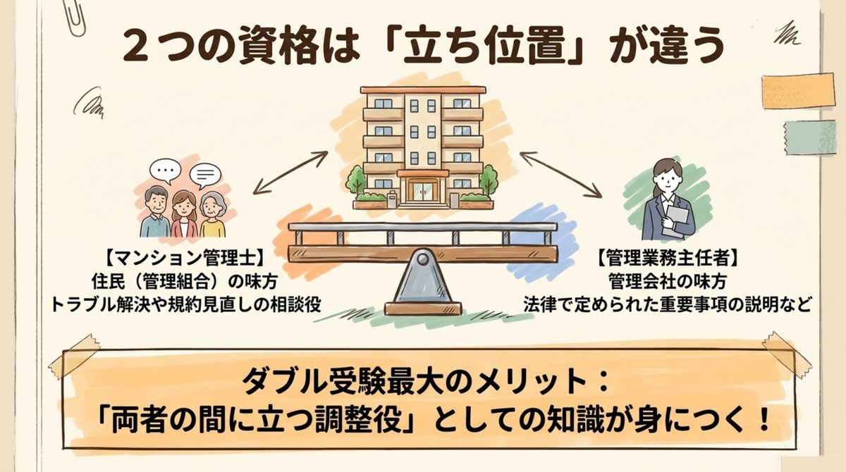 マンション管理士は管理組合側、管理業務主任者は管理会社側という二つの資格の立ち位置の違いを示す図解