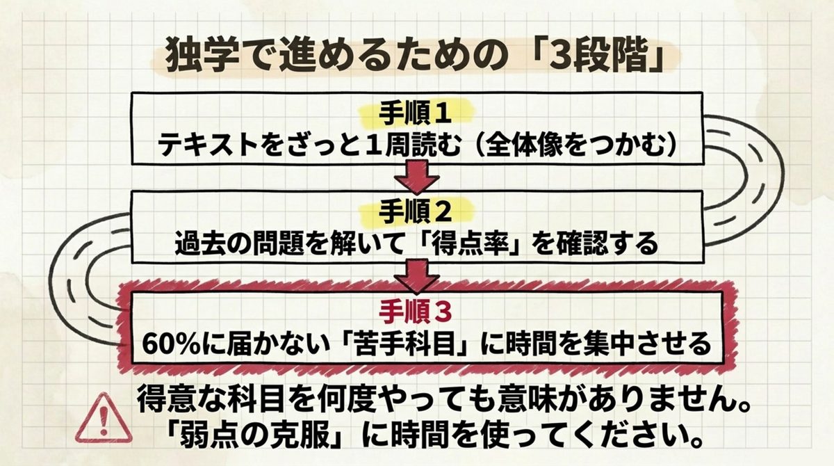 危険物乙4を独学で進めるための3段階、テキスト1周、過去問で得点率確認、苦手科目に時間を集中させる手順を示す図解