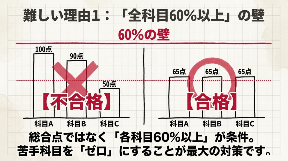 危険物乙4の合格基準は総合点でなく各科目60%以上であることを示す図解