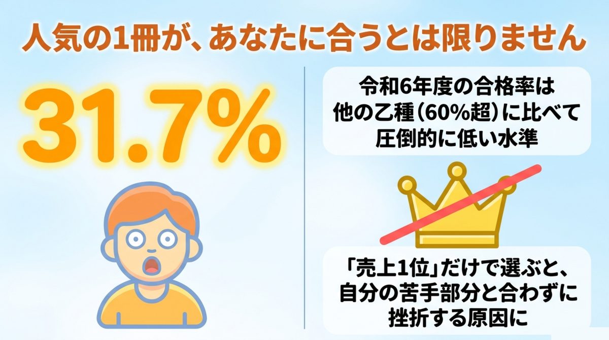 危険物乙4の合格率31.7%は他の乙種60%超に比べて低く人気1位のテキストが自分に合うとは限らないことを示す図解