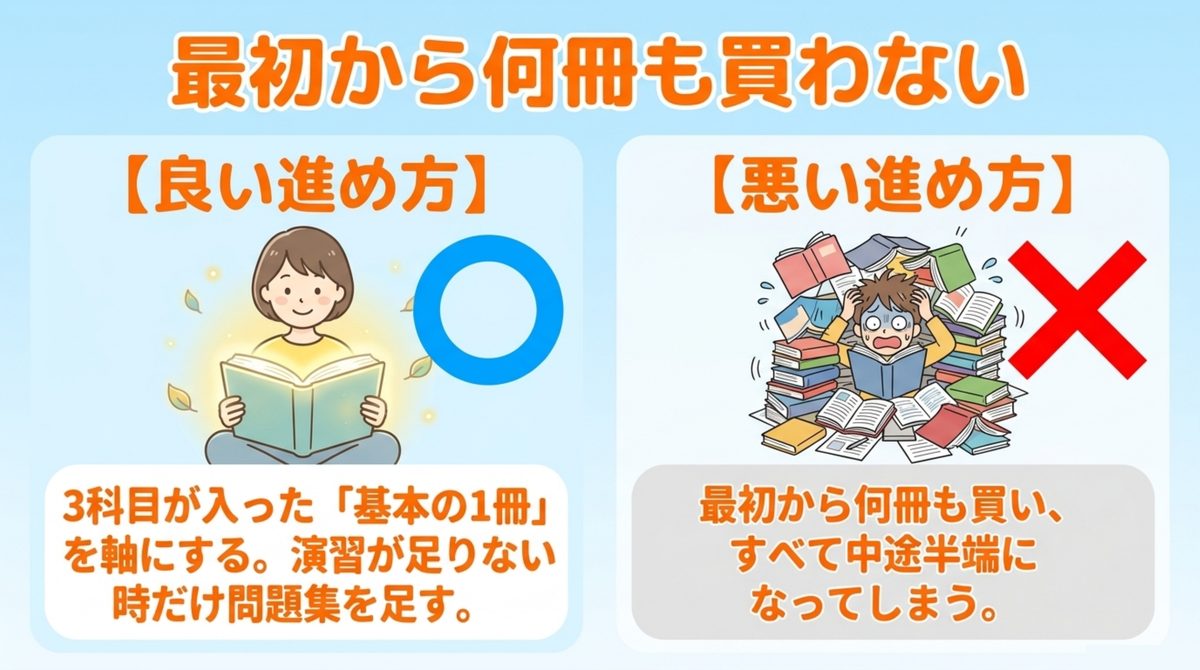 危険物乙4のテキストは最初から何冊も買うと中途半端になりやすく3科目が入った基本の1冊を軸にすべきことを示す比較図解