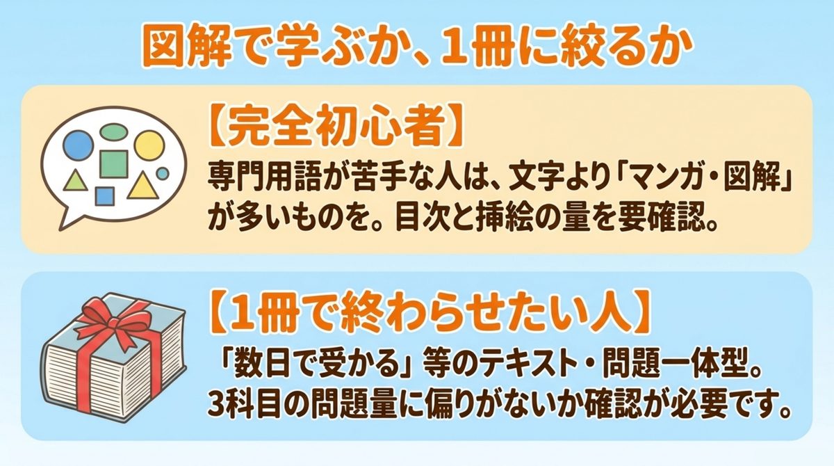危険物乙4の完全初心者向けテキストと1冊で終わらせたい人向けテキストの選び方の違いを示す図解