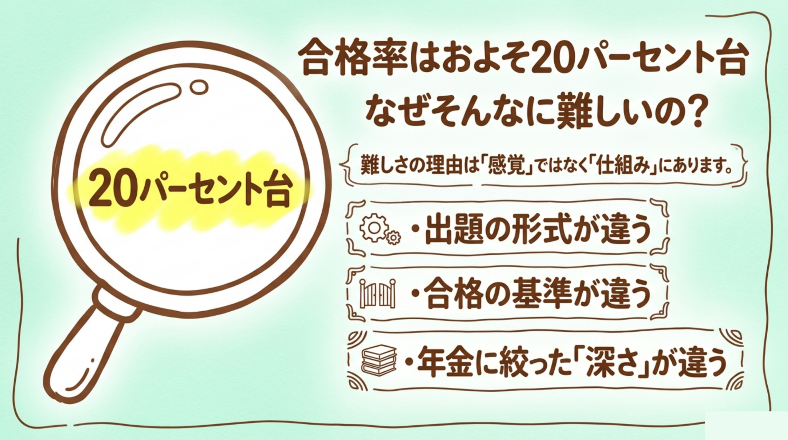 年金アドバイザー2級の合格率20%台の理由（出題形式・合格基準・年金に絞った深さの違い）
