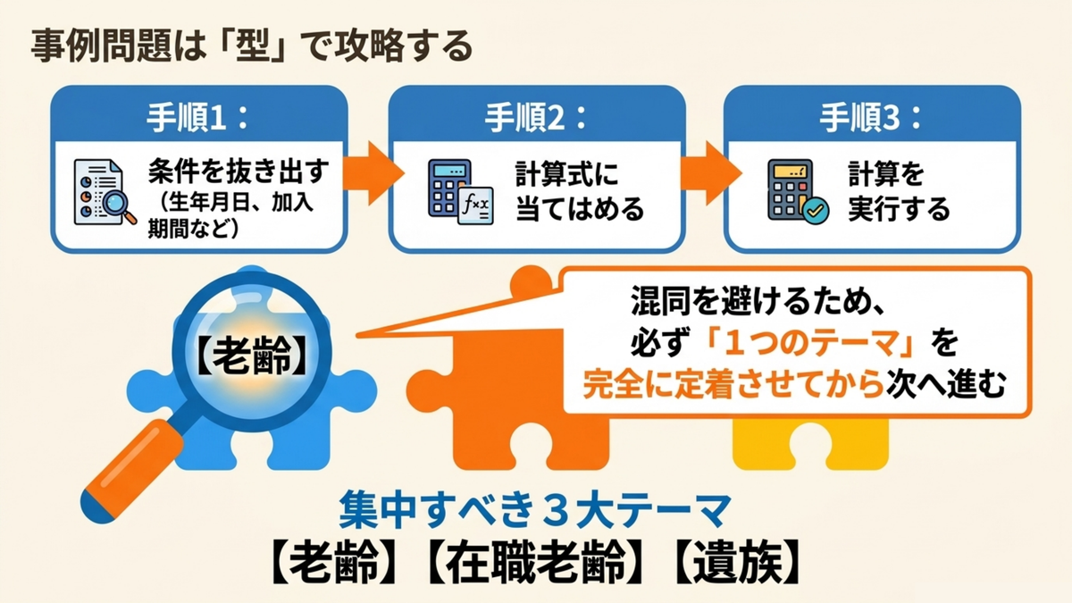 年金アドバイザー3級の事例問題を条件抽出・計算式当てはめ・計算実行の3手順と、老齢・在職老齢・遺族という集中すべき3大テーマで整理した図