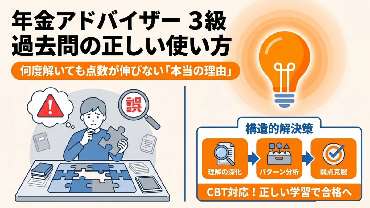 年金アドバイザー3級の過去問は何度解いても点数が伸びない本当の理由と、理解の深化・パターン分析・弱点克服という解決の流れを示す図解