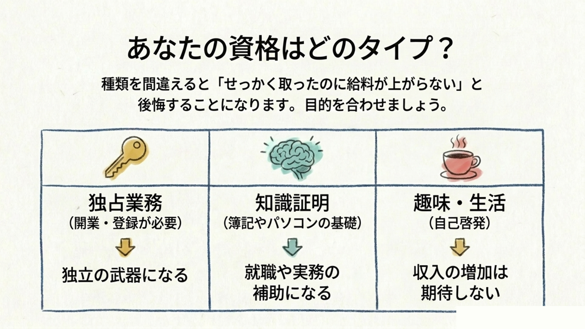資格の3タイプ・独占業務型(独立の武器)・知識証明型(就職補助)・趣味生活型(収入増は期待しない)の図解