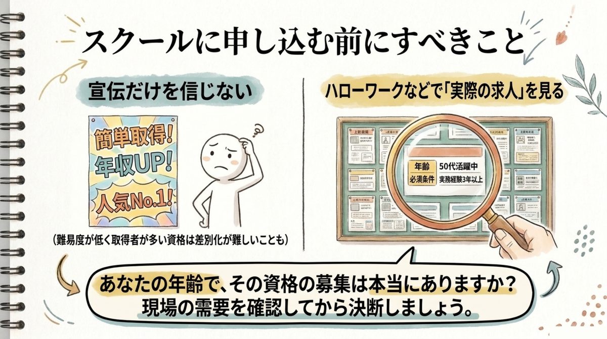資格スクールの宣伝文句だけを信じず、ハローワークなどで実際の求人条件を確認することを勧める図解