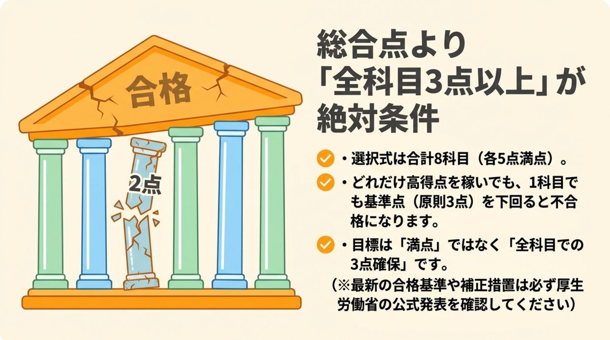 社労士選択式は総合点よりも8科目全科目で基準点原則3点以上を確保することが絶対条件であることを示す図解