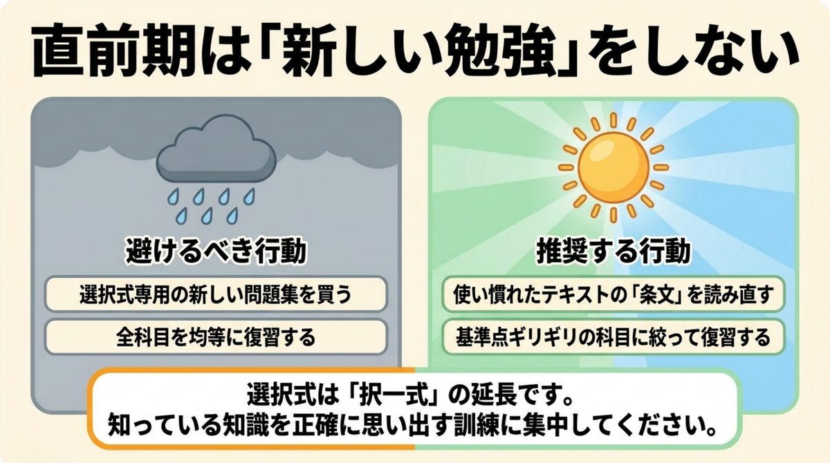 社労士選択式の直前期は新しい問題集を買わず使い慣れたテキストの条文を読み直すべきことを示す比較図解