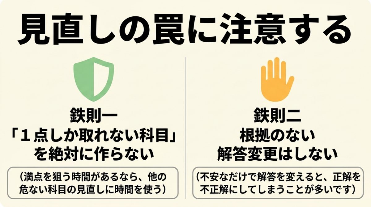 社労士選択式の見直しでは1点科目を作らないことと根拠のない解答変更をしないことが鉄則であることを示す図解