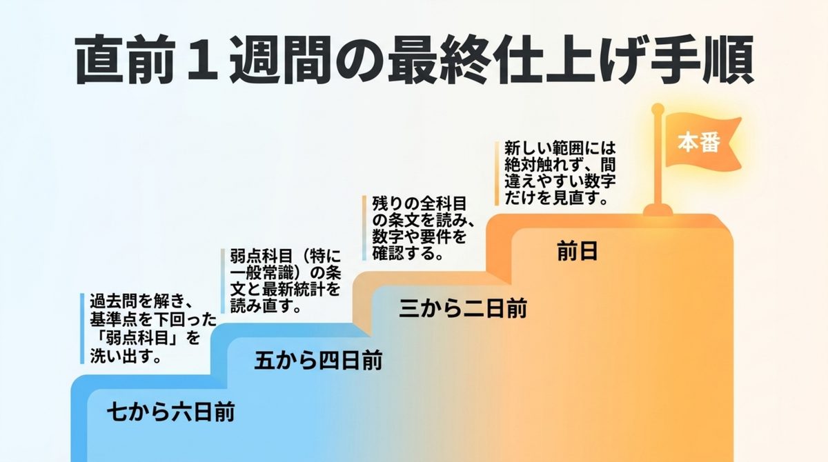 社労士選択式の直前1週間は弱点科目の洗い出しから前日の見直しまでの最終仕上げ手順を示す階段状の図解