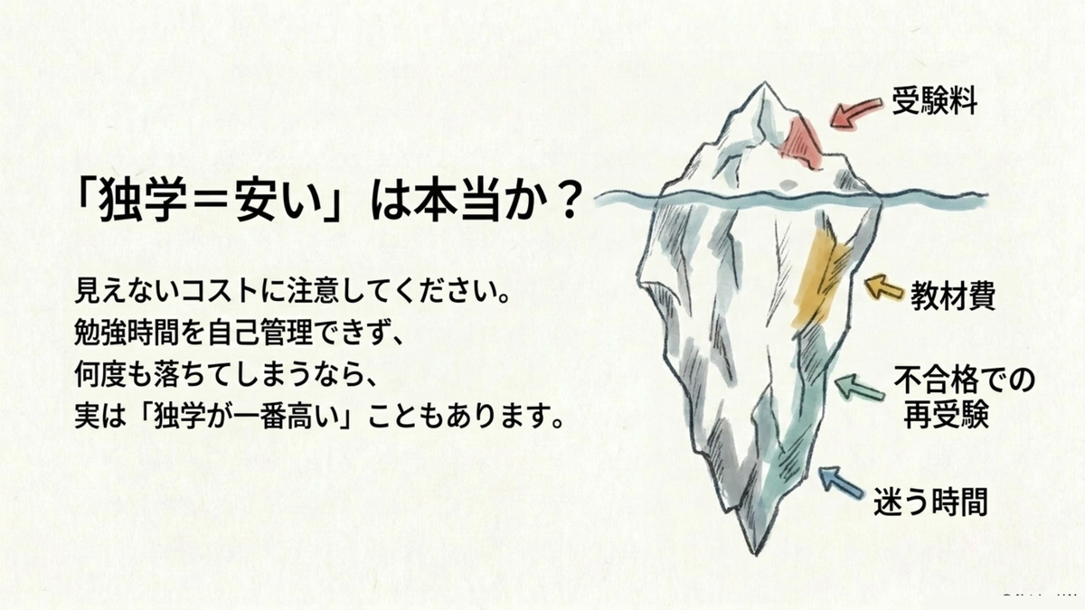 独学は安いという誤解・見えないコスト（教材費・再受験・迷う時間）の氷山図解
