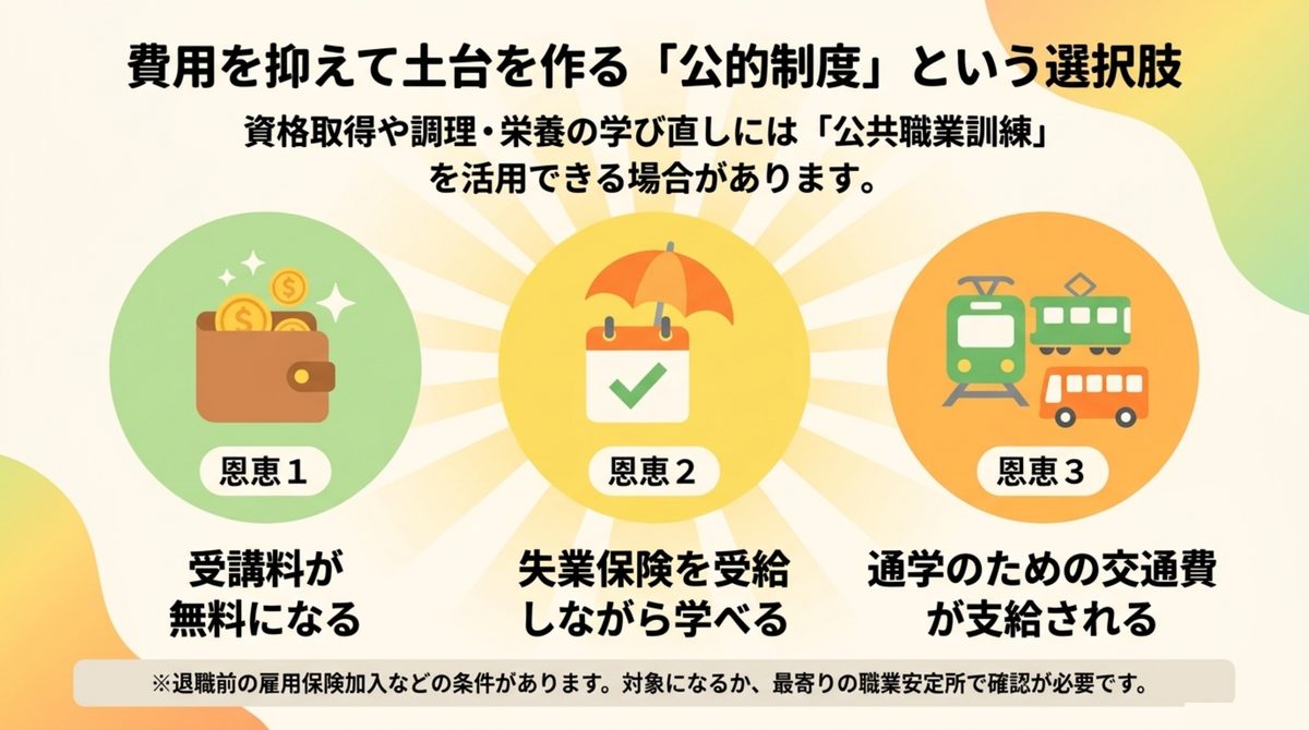 公共職業訓練の3つの恩恵として受講料無料・失業保険受給・交通費支給を示した図