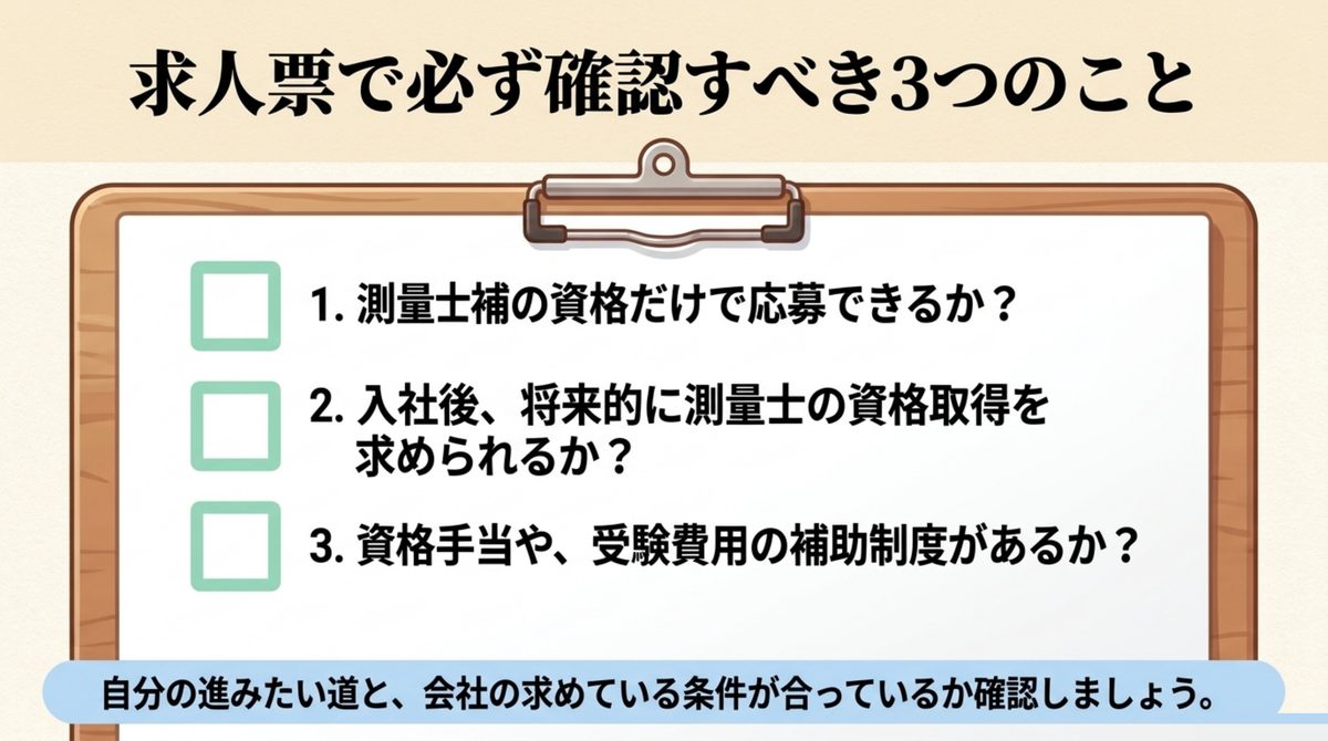 測量士補が求人票で確認すべき測量士補のみで応募可能か入社後の測量士資格取得要求資格手当や受験費用補助の3項目を示す図解